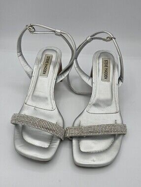 Steve Madden - Silver Strappy Sandals  Block Heels With Rhinestone Detail